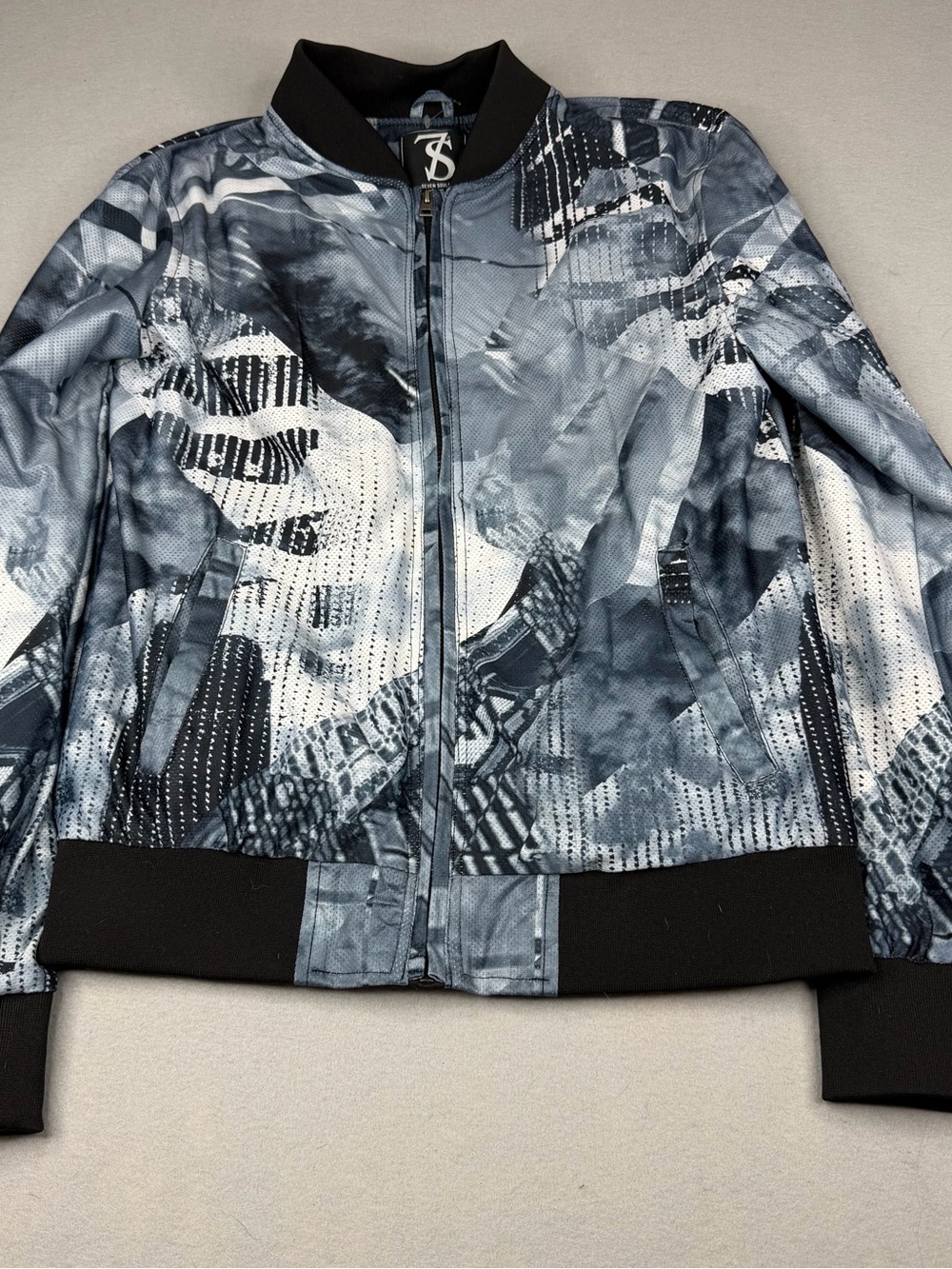 Seven Souls New York Men’s Large Bomber Jacket Gray Abstract Print Zip Front
